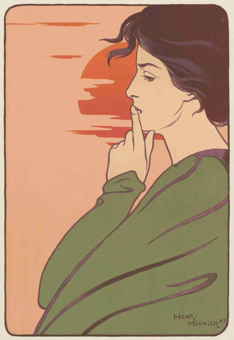 L’Heure du Silence,Georges Meunier,Illustration,Illustration, solo, profile, black hair, finger to mouth