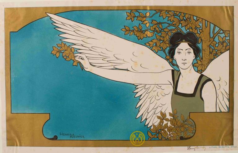 Le Guide Musical,Georges Meunier,Illustration,Illustration, 1girl, solo, wings, black hair, leaf, angel wings