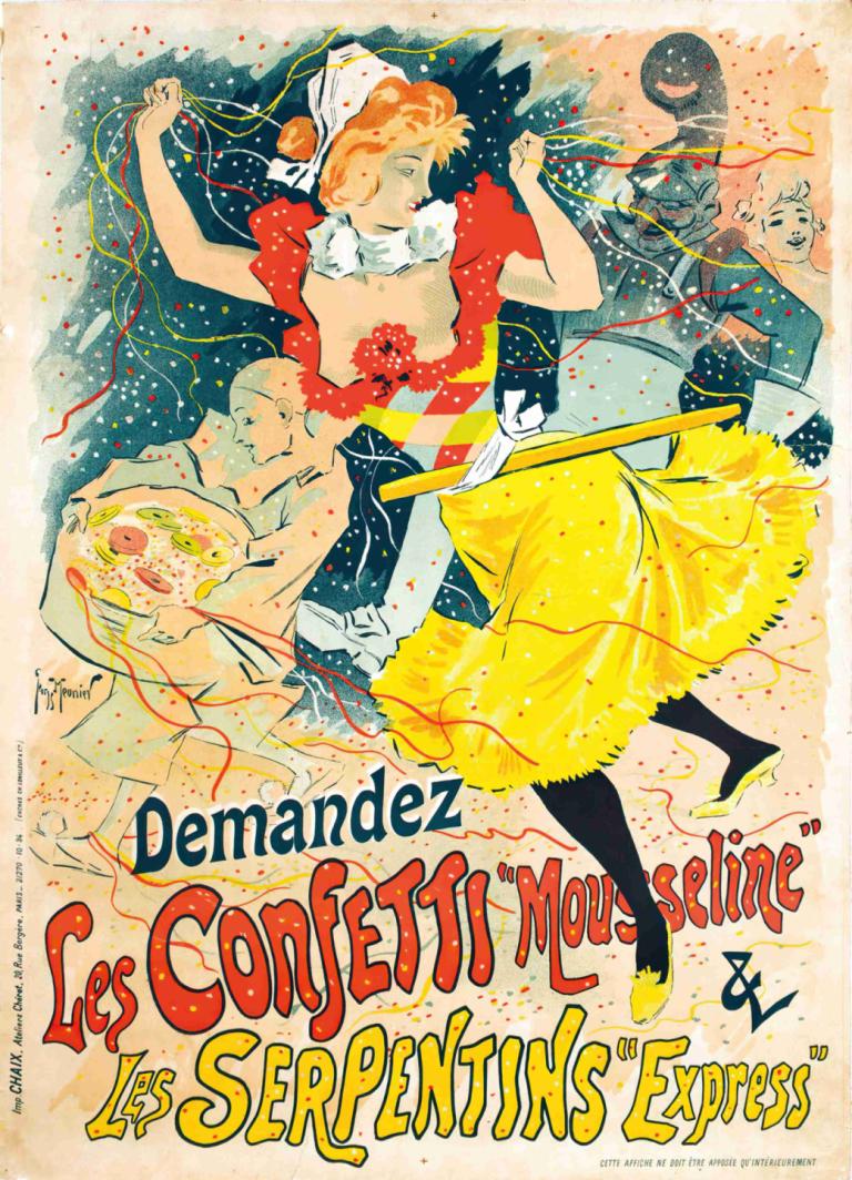 Les Confetti,레 색종이,Georges Meunier,조지 뫼니에,일러스트레이션,일러스트레이션, 드레스, 여자 1명, 음식, 주황색 머리, 감긴 눈