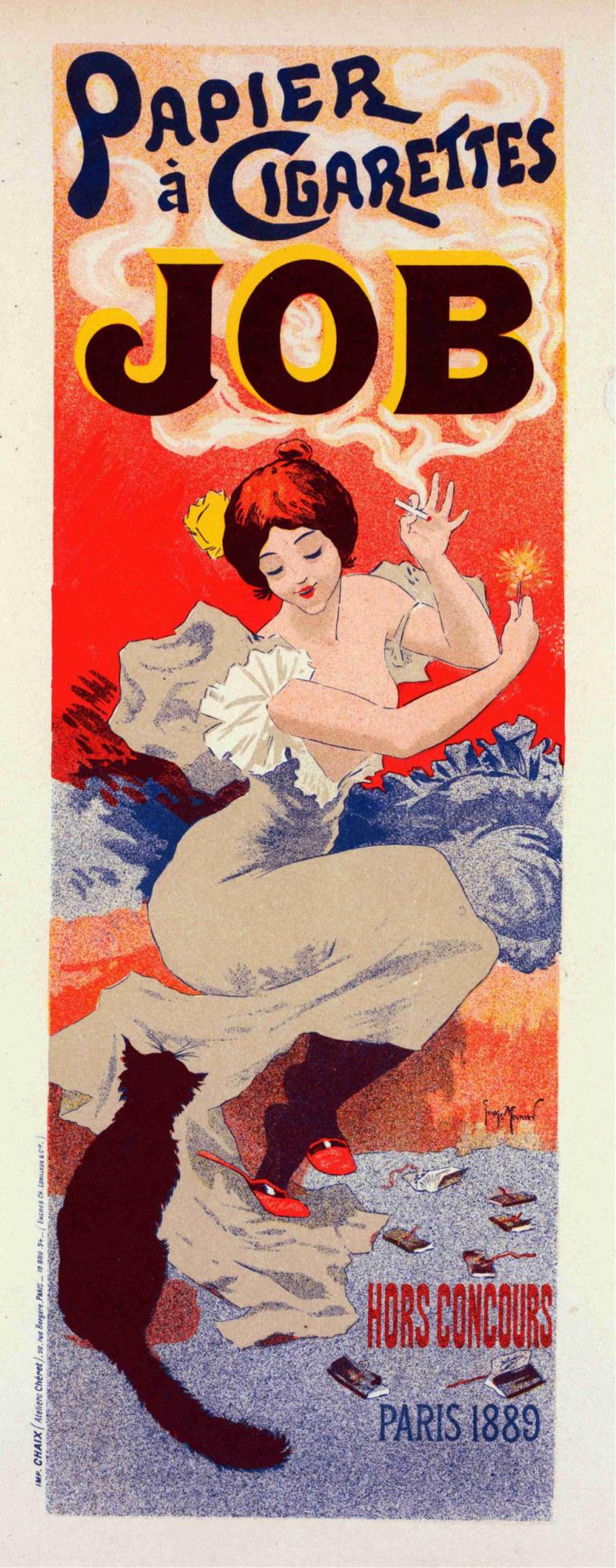 Papier À Cigarettes Job,Georges Meunier,Illustration,Illustration, 1girl, cat, red footwear, dress