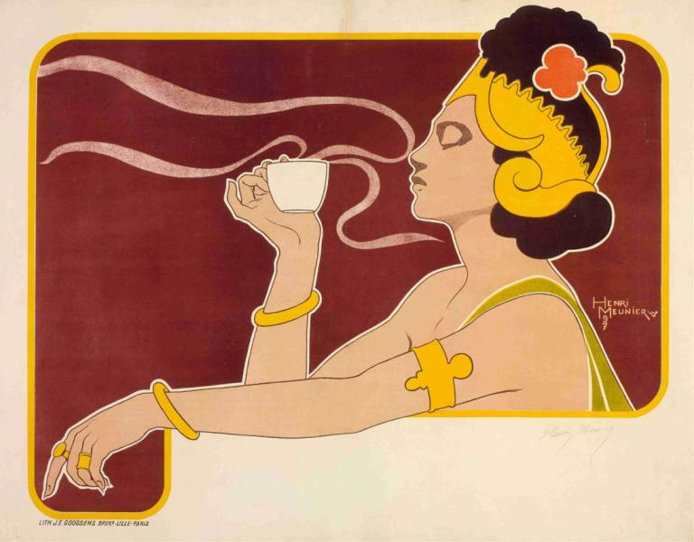 Rajah Henri,Georges Meunier,Illustration,Illustration, 1girl, cup, solo, jewelry, ring, holding cup, bracelet