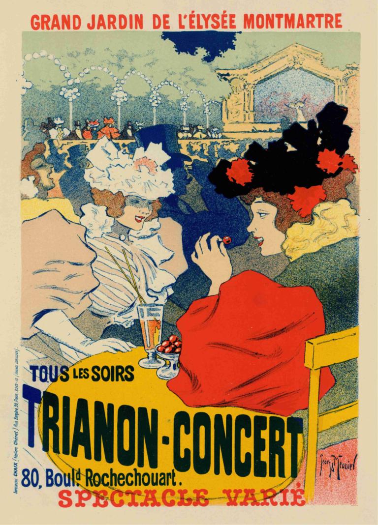 Trianon-Concert,Georges Meunier,Illustration,Illustration, food, brown hair, fruit, 1girl, hat, english text