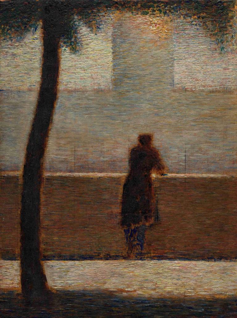 A Man Leaning on a Parapet,Georges Seurat,Oil Painting,Oil Painting, solo, 1boy, traditional media, outdoors