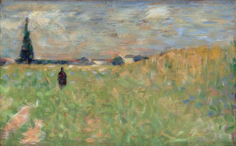 A Summer Landscape,Georges Seurat,Oil Painting,Oil Painting, outdoors, scenery, solo, field, cloud, grass