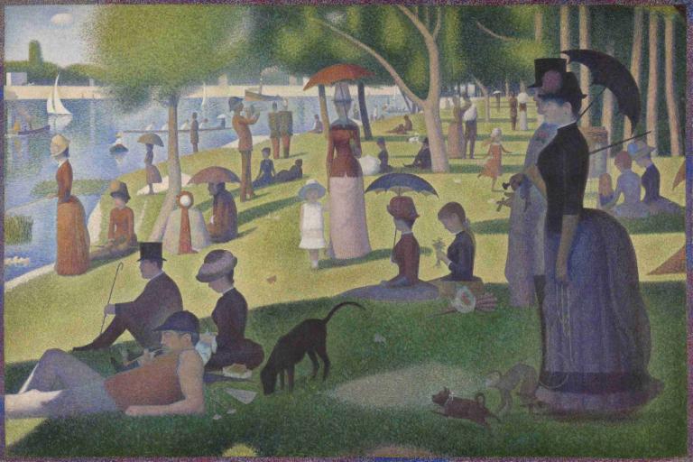 A Sunday on La Grande Jatte,Georges Seurat,Oil Painting,Oil Painting, umbrella, tree, outdoors, hat, cat