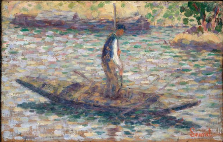 A Fisherman,Georges Seurat,Oil Painting,Oil Painting, solo, black hair, shirt, white shirt, outdoors, 1boy