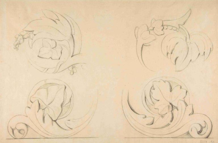 Architectural Motifs; Four Rinceaux,Georges Seurat,Sketch,Sketch, no humans, flower, monochrome