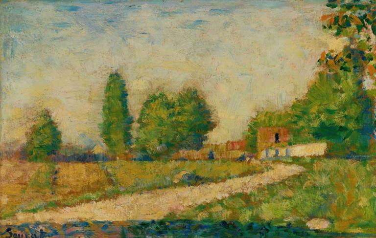 Au Bord Du Village,Georges Seurat,Oil Painting,Oil Painting, outdoors, tree, scenery, grass