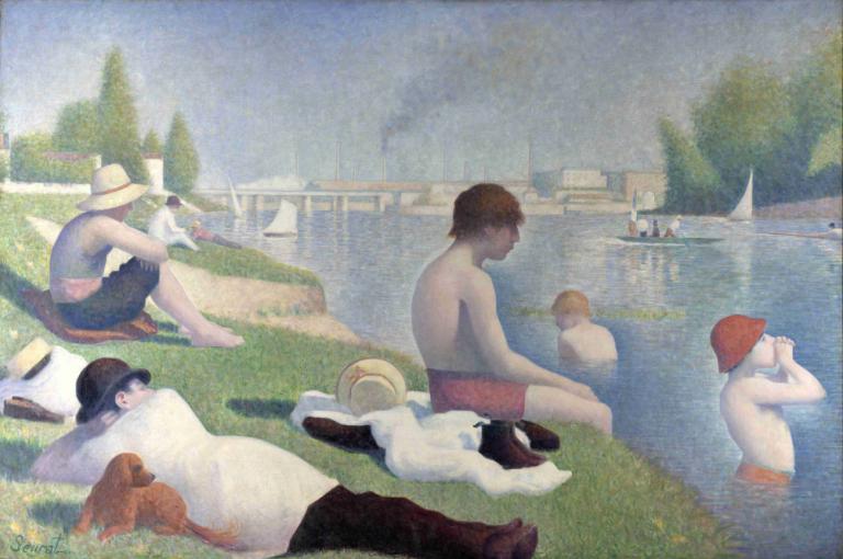 Bathers in Asnières,Georges Seurat,Ölgemälde,Ölgemälde, mehrere Jungen, Boot, Wasserfahrzeug, Hut