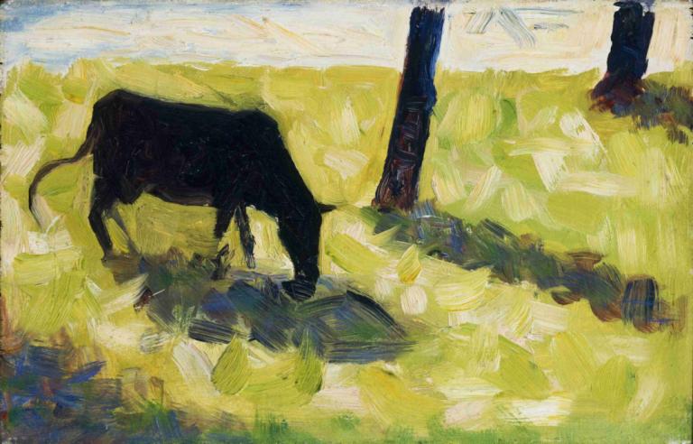 Black Cow in a Meadow,Schwarze Kuh auf einer Wiese,Georges Seurat,Ölgemälde,Ölgemälde, draußen, Stehen