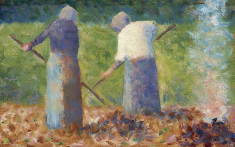 Haymakers at Montfermeil,蒙費爾梅爾的乾草機,Georges Seurat,喬治·修拉,油畫,油畫, 保持, 兜帽, 職員, 長袍, 戶外, 常設, 罩起來, 草, 多個男孩, 持有人