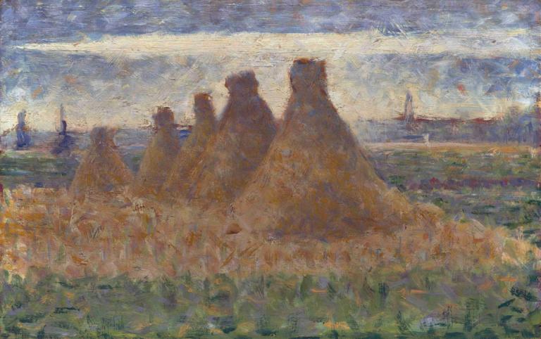 Haystacks,Georges Seurat,Oil Painting,Oil Painting, outdoors, scenery, cloud, sky, field, traditional media