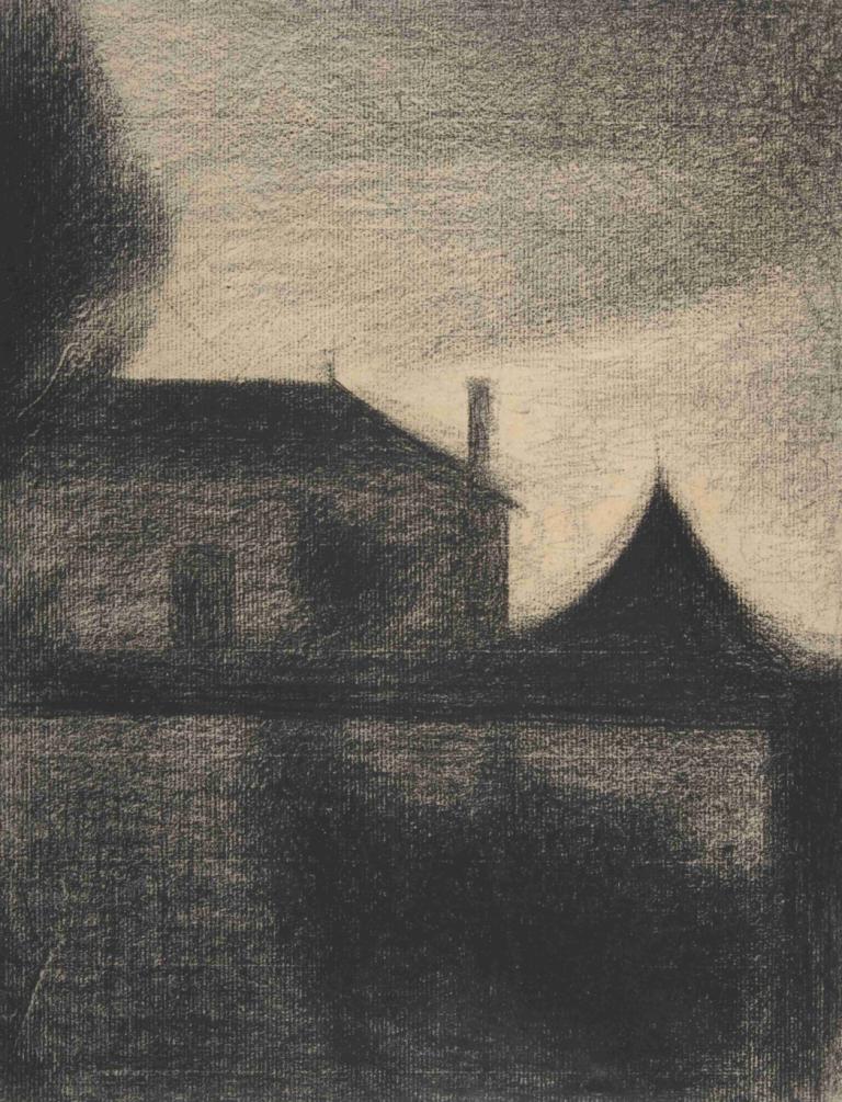 House at Dusk (La Cité),Georges Seurat,Copperplate Etching,Copperplate Etching, scenery, monochrome, sky