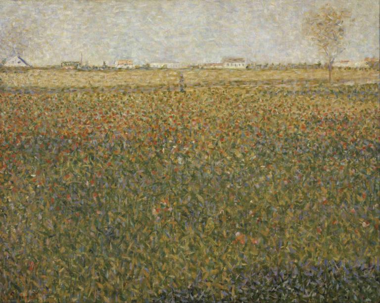 La Luzerne, Saint-Denis,Georges Seurat,Olieverf,Olieverf, veld, boom, buitenshuis, landschap, bloemen veld