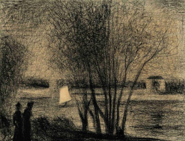 La voile blanche,Georges Seurat,Copperplate Etching,Copperplate Etching, tree, monochrome, bare tree