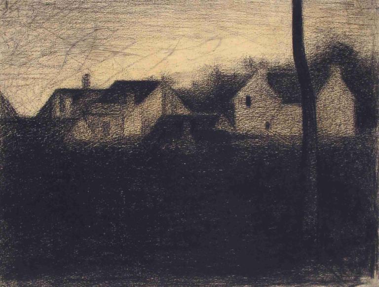 Landscape with Houses,風景的房子,Georges Seurat,喬治·修拉,銅版畫,銅版畫, 風景, 單色, 戶外, 傳統媒體, 沒有人類, 天空, 貓, 樹, 輪廓