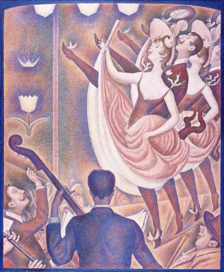 Le Chahut,Georges Seurat,Oil Painting,Oil Painting, dancing, dress, instrument, multiple girls, multiple boys