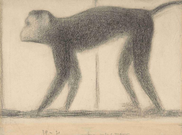 Monkey,Małpa,Georges Seurat,Szkic,Szkic, zwierzę, monochromia, 1 dziewczyna, tradycyjne media, pies