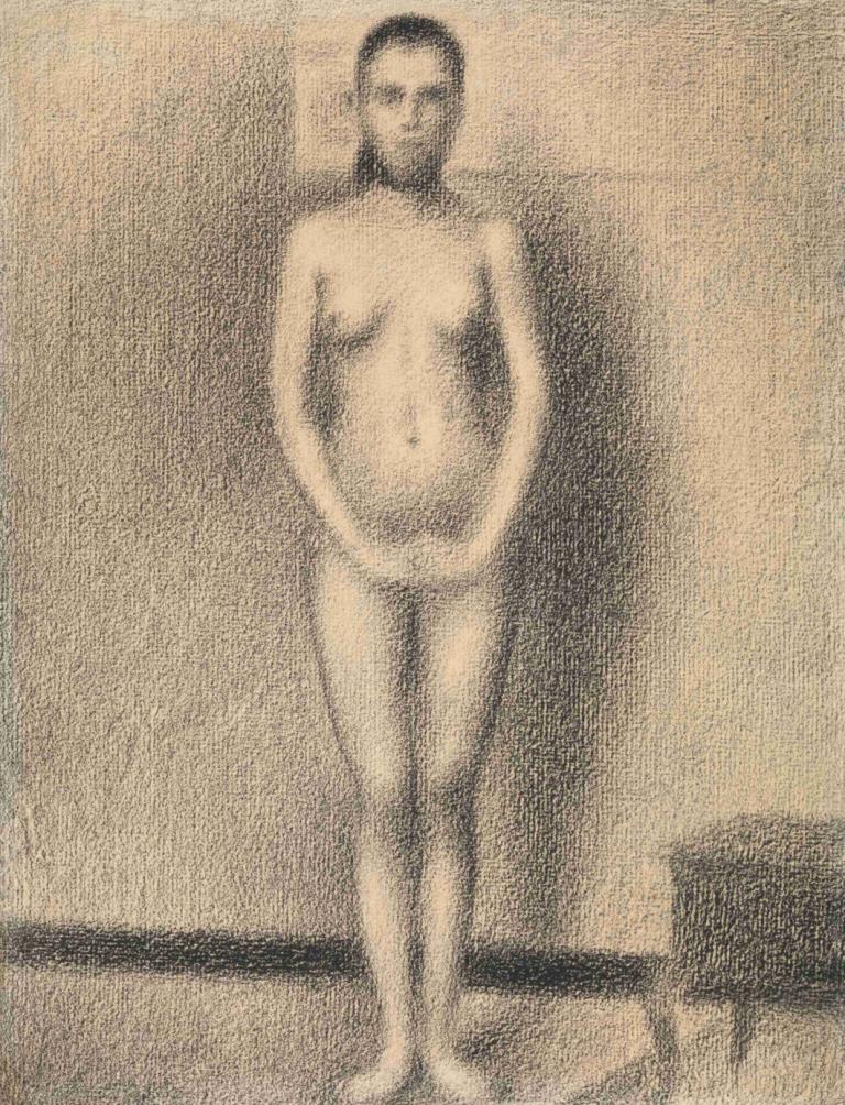 Study for 'Poseuses',Georges Seurat,Sketch,Sketch, 1girl, solo, nude, monochrome, breasts, barefoot, navel