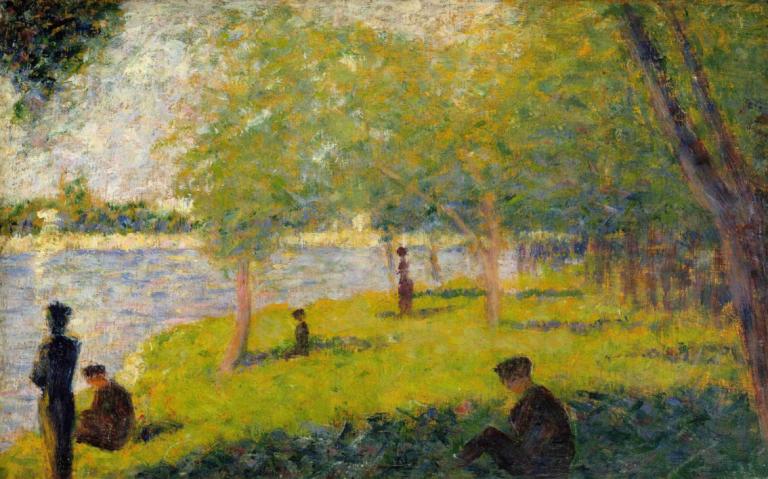 Study for A Sunday on La Grande Jatte,Georges Seurat,Oil Painting,Oil Painting, tree, outdoors, multiple boys