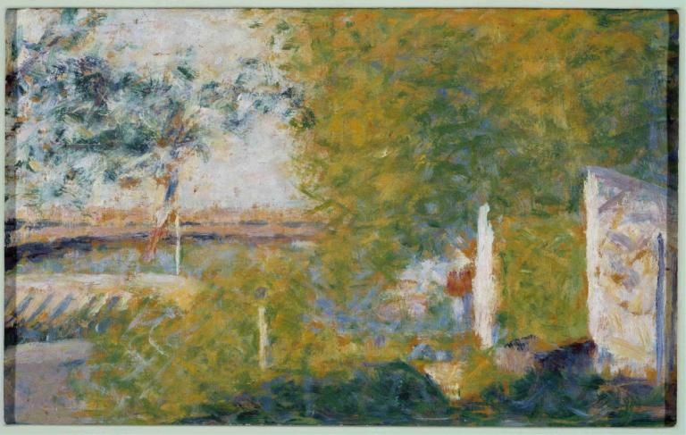 The Bridge at Bineau,Georges Seurat,Oil Painting,Oil Painting, outdoors, tree, scenery, no humans, border