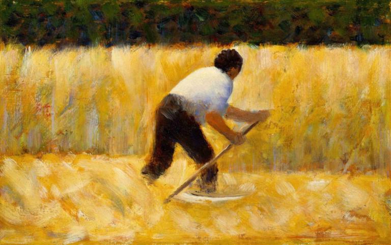 The Mower,Der Mäher,Georges Seurat,Ölgemälde,Ölgemälde, 1Junge, Hemd, Solo, männlicher Fokus, weißes Hemd