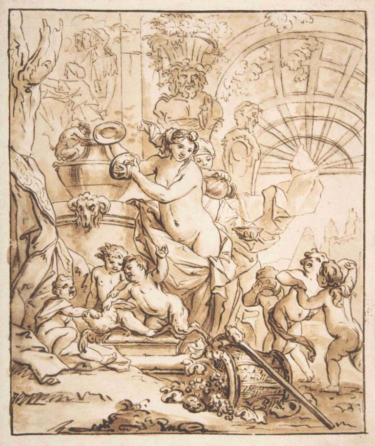 Bacchanalian Scene with Nymphs and Putti,有仙女和普提的狂歡場面,Gerard de Lairesse,傑拉德·德·萊雷斯,銅版畫,銅版畫, 美術模仿, 單色, 棕褐色