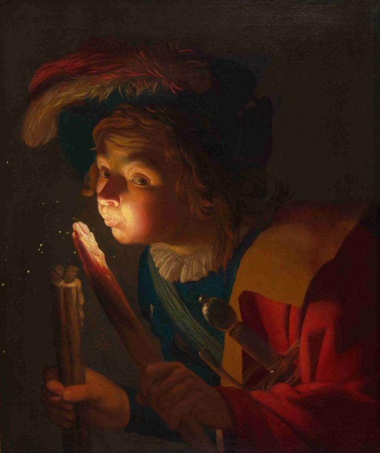 A Boy Blowing on a Firebrand,Deček, ki piha na ognjenik,Gerard van Honthorst,Oljna slika,Oljna slika, solo