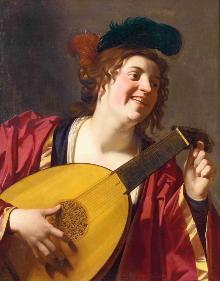 A Woman Tuning A Lute,Una mujer afina un laúd,Gerard van Honthorst,Pintura al óleo,Pintura al óleo, solo