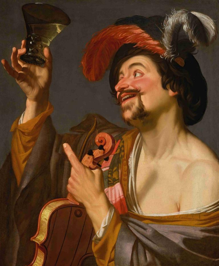 A merry violinist holding a roemer,Ein fröhlicher Geiger mit einem Römertopf,Gerard van Honthorst,Ölgemälde