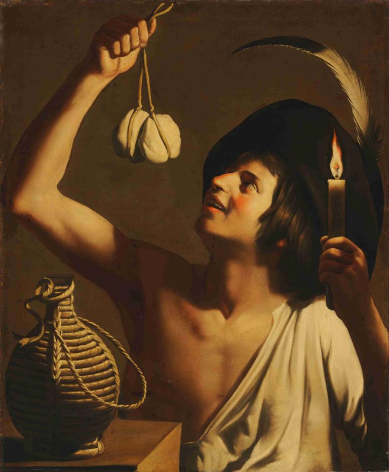 A young man holding a burning candle and a scamorza cheese, a fiasco bottle beside him