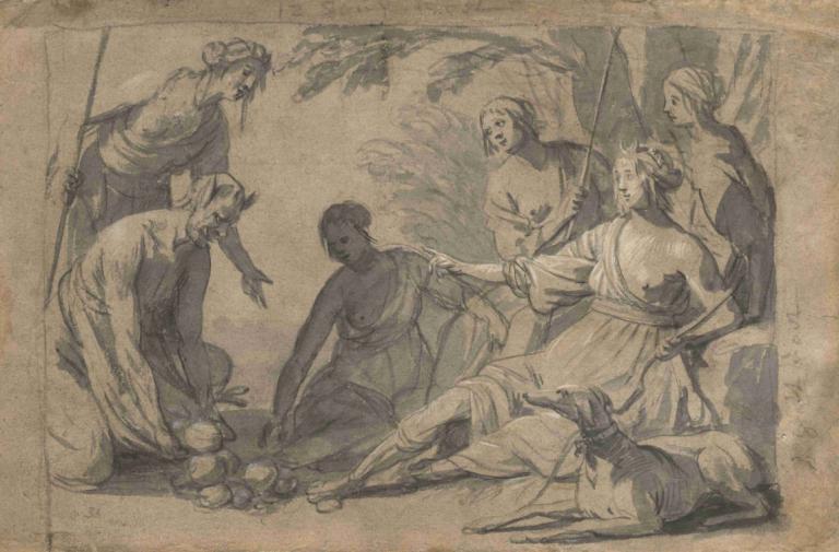 Diana and Four Nymphs Receiving Gifts from a Satyr,Diana og fire nymfer modtager gaver fra en satyr