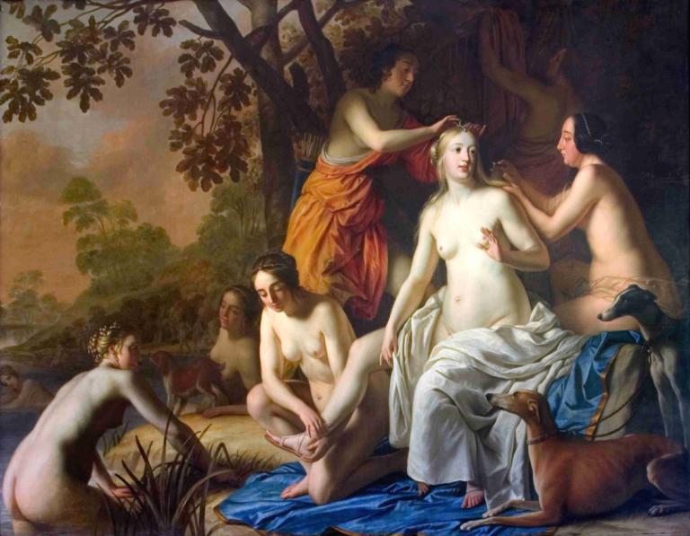 Diana with her Nymphs,Gerard van Honthorst,Oil Painting,Oil Painting, fine art parody, breasts, tree, parody