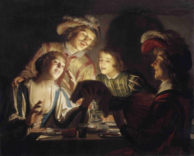 Musical Group by Candlelight,Grupo musical a la luz de las velas,Gerard van Honthorst,Pintura al óleo