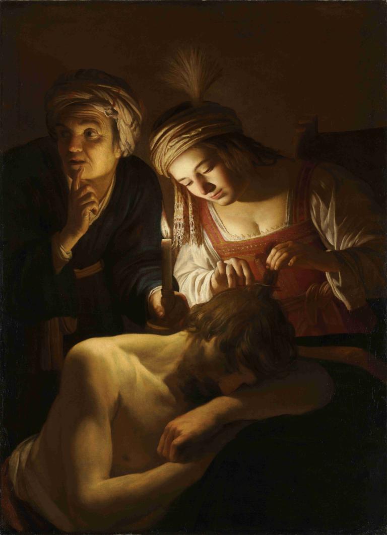 Samson and Delilah,Gerard van Honthorst,Oil Painting,Oil Painting, fine art parody, sleeping, 1boy, parody