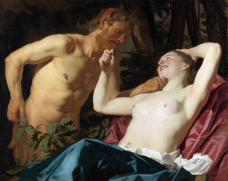 Satyr and Nymph,萨提尔与仙女,Gerard van Honthorst,杰拉德-范霍恩托尔斯特,油画,油画, 美术模仿, 戏仿, 乳头, 实际的, 脐, 看着另一个, 男性焦点, 腋窝, 金头发, 自然