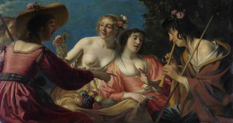 Shepherd Playing the Flute,and four Shepherdesses,Người chăn sáo và bốn cô gái chăn cừu.,Gerard van Honthorst