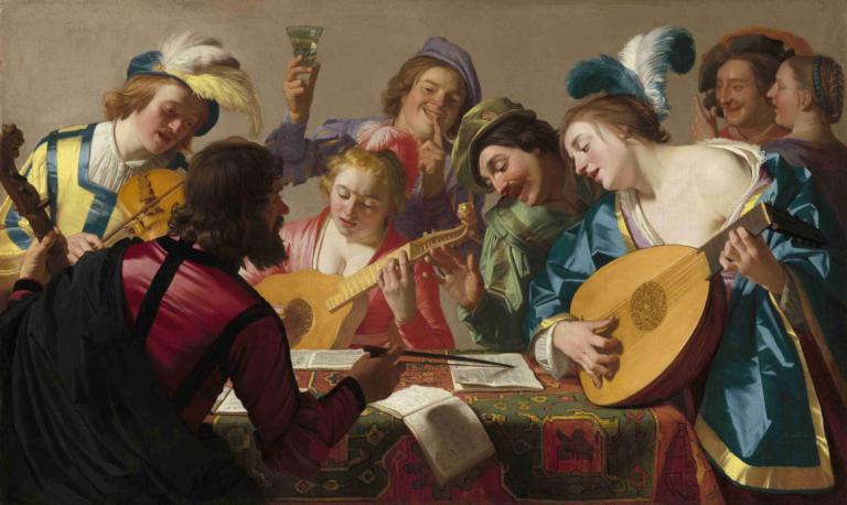 The Concert,Het concert,Gerard van Honthorst,Olieverf,Olieverf, parodie op beeldende kunst, instrument