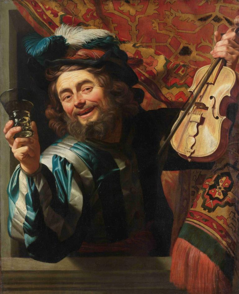 The Merry Fiddler,Gerard van Honthorst,Oil Painting,Oil Painting, 1boy, male focus, solo, facial hair, hat