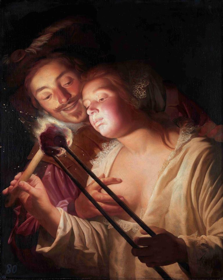 The Soldier and the Girl,Gerard van Honthorst,Oil Painting,Oil Painting, fine art parody, 1girl, 1boy