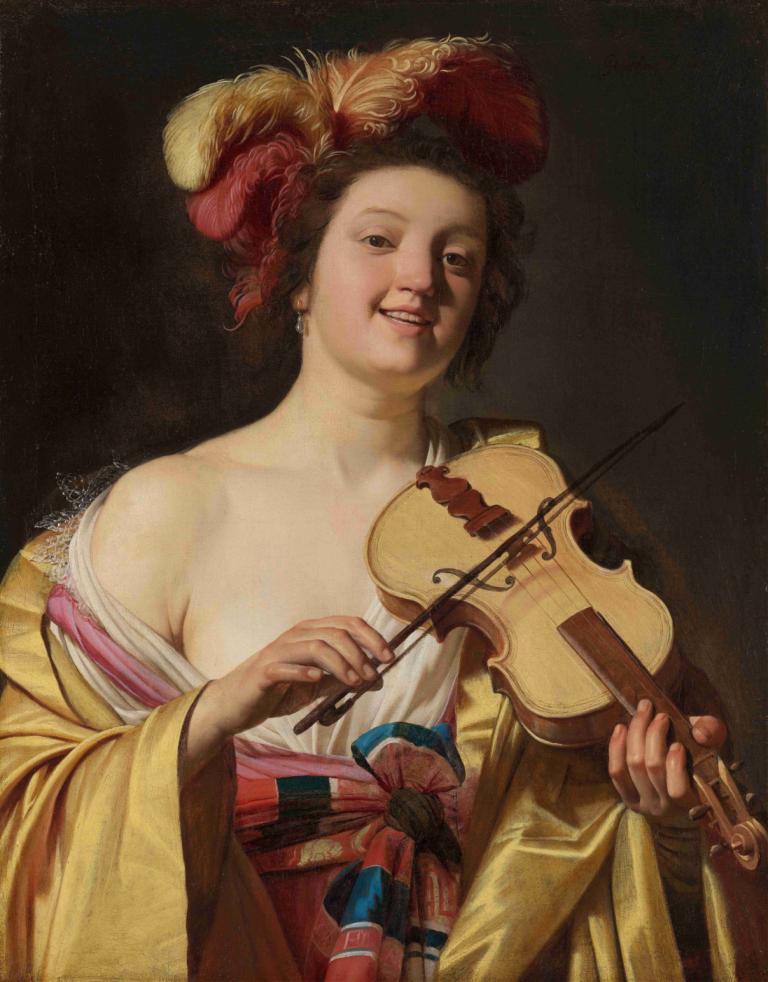 The Violin Player,Hráč na housle,Gerard van Honthorst,Olejomalba,Olejomalba, 1 dívka, sólo, nástroj, šperky