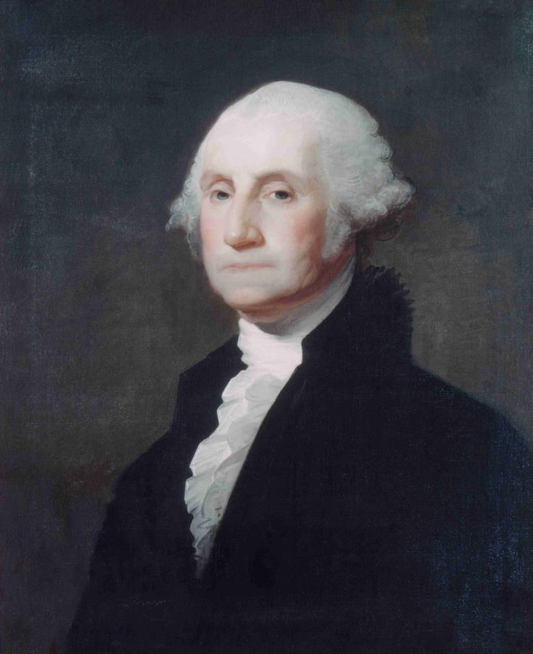 George Washington,Gilbert Stuart,Oil Painting,Oil Painting, solo, 1boy, realistic, male focus, white hair