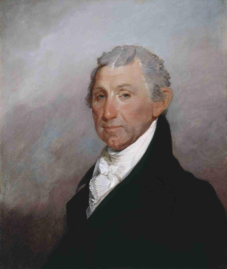 James Monroe,詹姆斯-门罗,Gilbert Stuart,吉尔伯特-斯图亚特,油画,油画, 1男孩, 独奏, 男性焦点, 头发花白, 实际的, 领结, 灰色背景, 正式的, 弓, 白色领结, 上半身, 老的