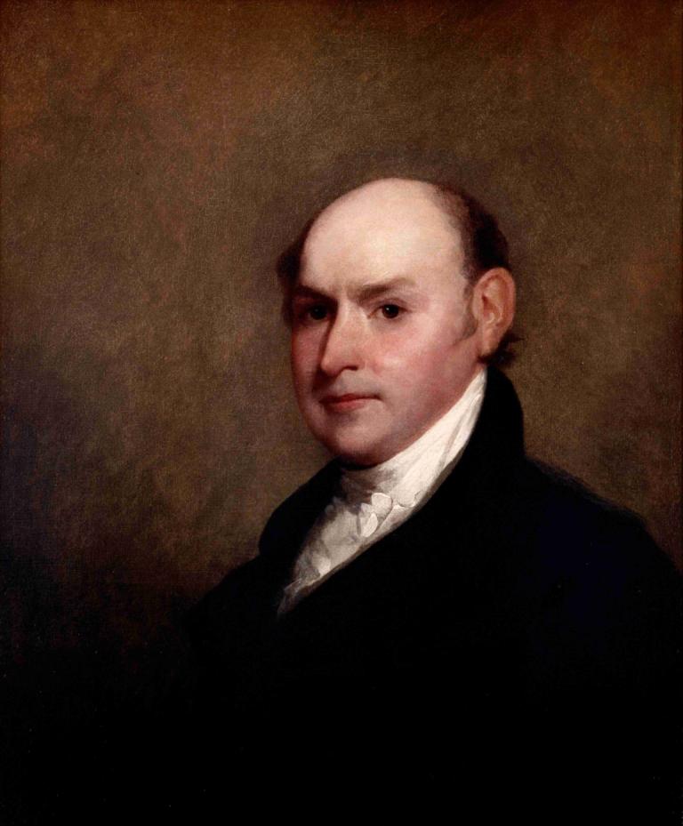 John Quincy Adams,존 퀸시 아담스,Gilbert Stuart,길버트 스튜어트,오일 페인팅,오일 페인팅, 독주, 1남, 현실적인, 남성 집중, 흑발, 갈색 배경, 상체, 뷰어를보고