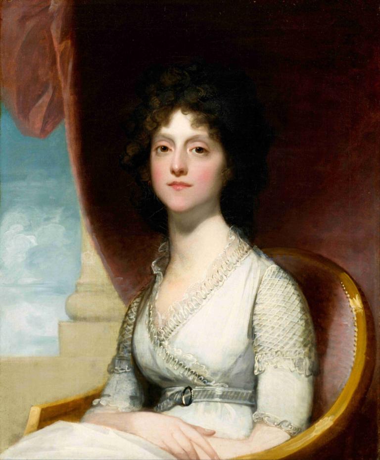 Marianne Ashley Walker,玛丽安-阿什利-沃克,Gilbert Stuart,吉尔伯特-斯图亚特,油画,油画, 1个女孩, 美术模仿, 实际的, 独奏, 坐着, 裙子, 棕色的眼睛, 戏仿, 天空