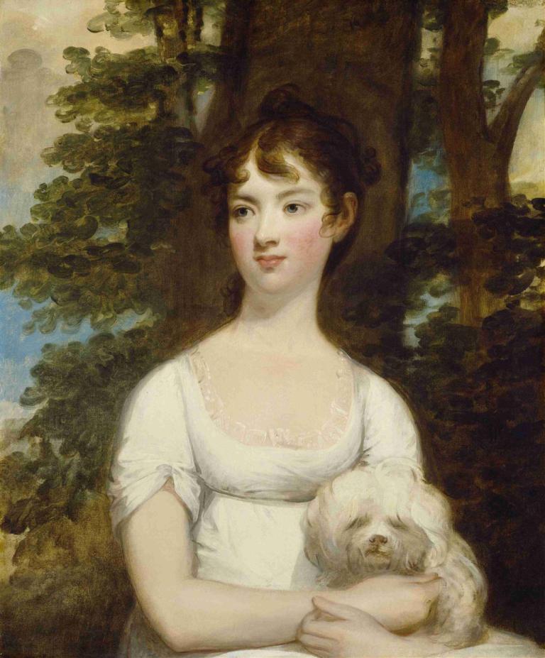 Mary Barry,Gilbert Stuart,Oil Painting,Oil Painting, 1girl, fine art parody, brown hair, tree