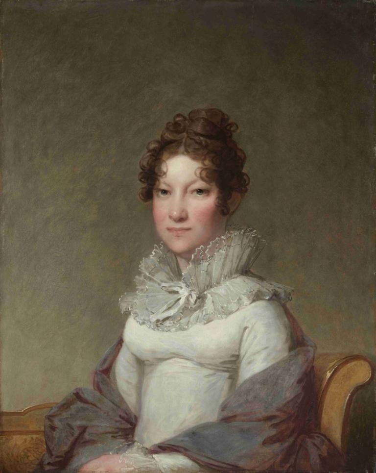 Mary Campbell Stuart,玛丽-坎贝尔-斯图尔特,Gilbert Stuart,吉尔伯特-斯图亚特,油画,油画, 1个女孩, 独奏, 实际的, 美术模仿, 棕色的头发, 裙子, 坐着, 看着观众, 卷发