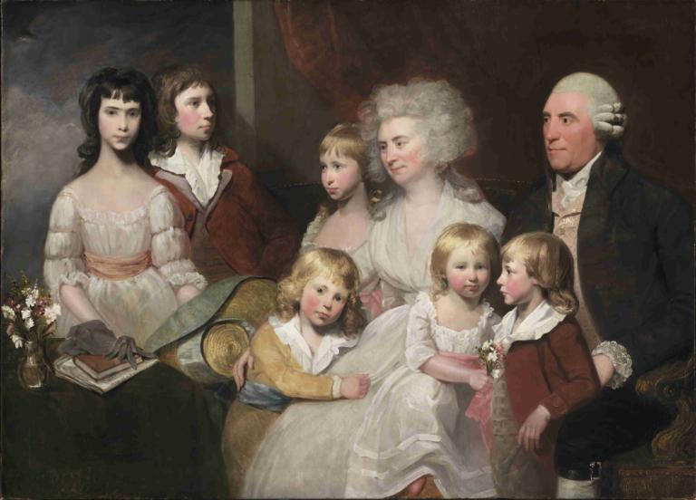 The Todd Family,Gilbert Stuart,Oil Painting,Oil Painting, fine art parody, multiple girls, dress, flower