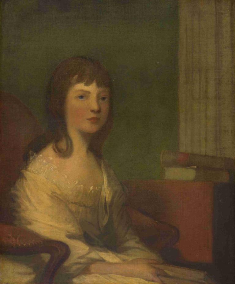 Theodosia Burr Alston,Gilbert Stuart,Oil Painting,Oil Painting, 1girl, solo, brown hair, sitting, blue eyes