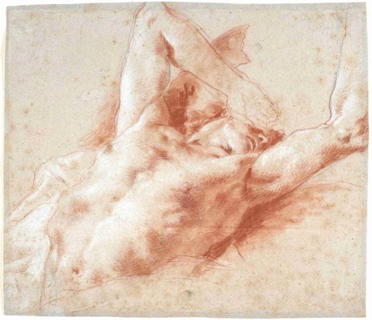 A Fallen Angel,Giovanni Battista Tiepolo,Sketch,Sketch, male focus, monochrome, 1boy, solo, on back, lying